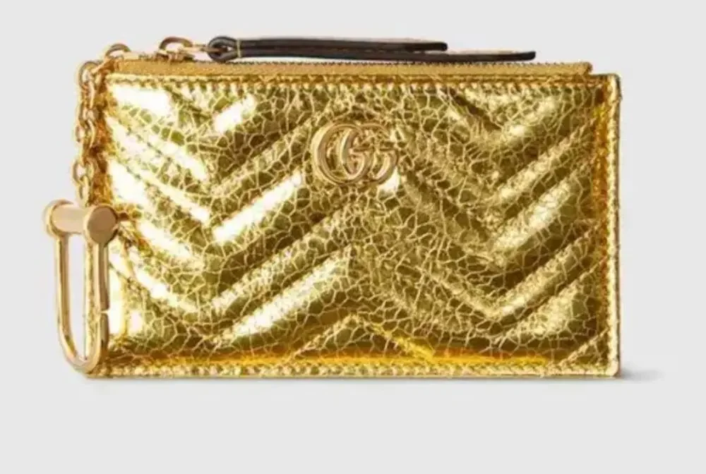Gucci GG Marmont Key Case Gold Metallic Crinkle Leather Double G NIB